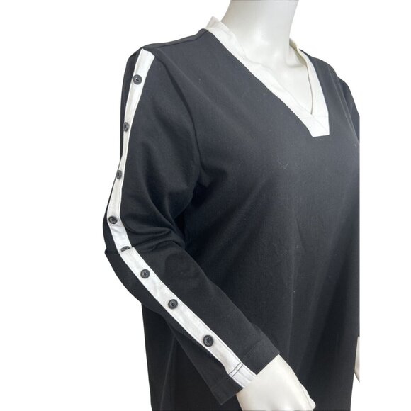 E.L.I Tunic Top XL Black White Trim  Long Sleeve V-Neck Buttons Down Arms Slits - Picture 2 of 11